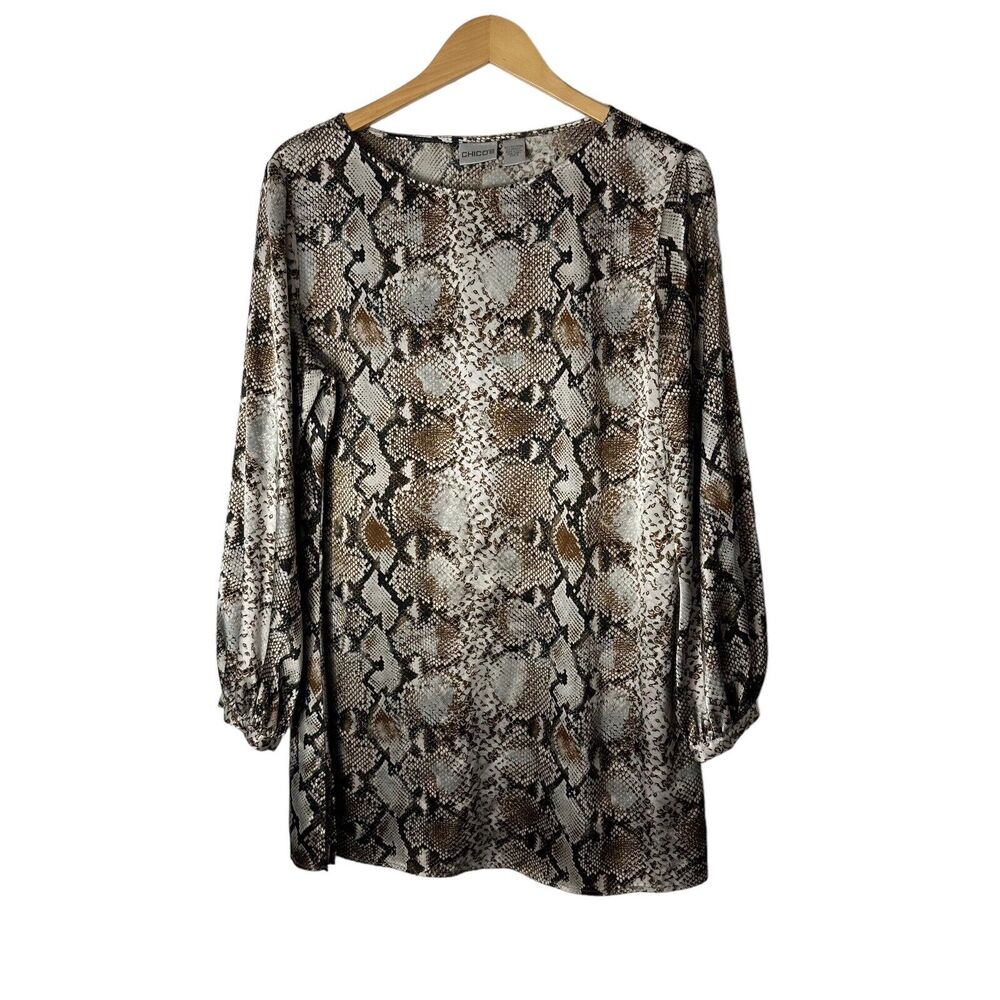 Chico's Snake Print Satin Tunic Top Size‎ 2 (L) Slinky Long Sleeve Brown Silver